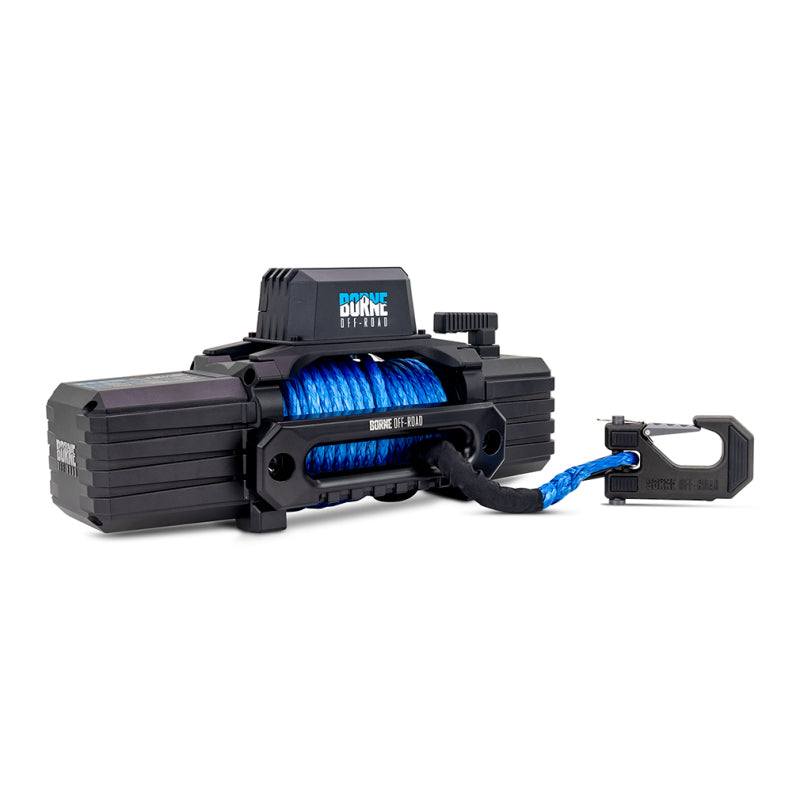 Black winch with blue cable on a white background