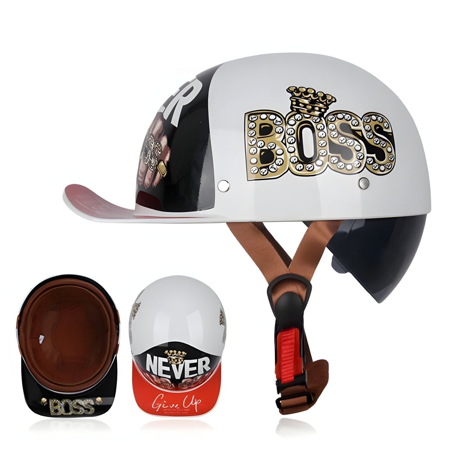 Helmet with 'BOSS' and 'Never Give Up' designs, along with a brown glove, on a white background.