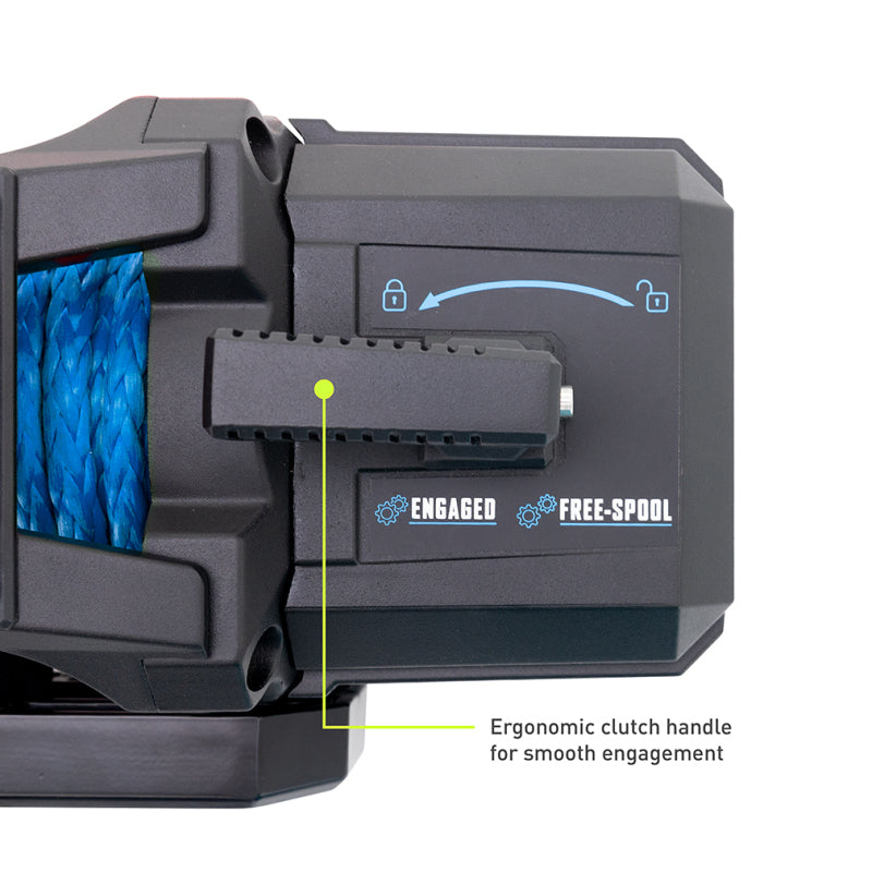 Close-up of a winch mechanism with blue cable and 'Engaged Free-Spool' label.