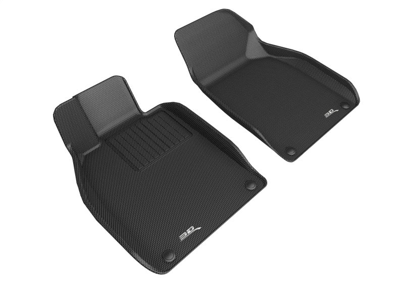 Two black car floor mats with a brand logo on a white background