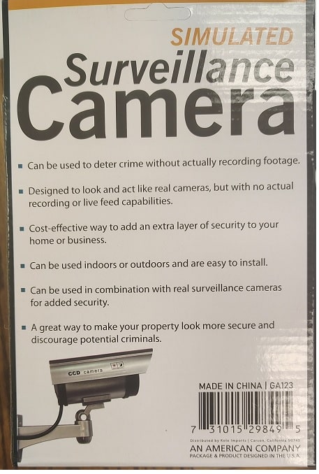 Back of a simulated surveillance camera packaging with text and a barcode.