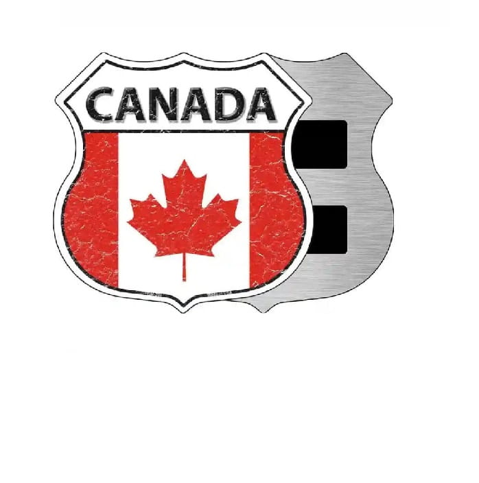 Shield with 'Canada' text and red maple leaf on a white background