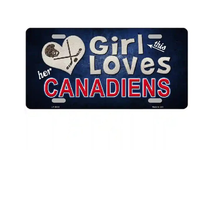 License plate with text 'Girl Loves her Canadiens' on a blue background