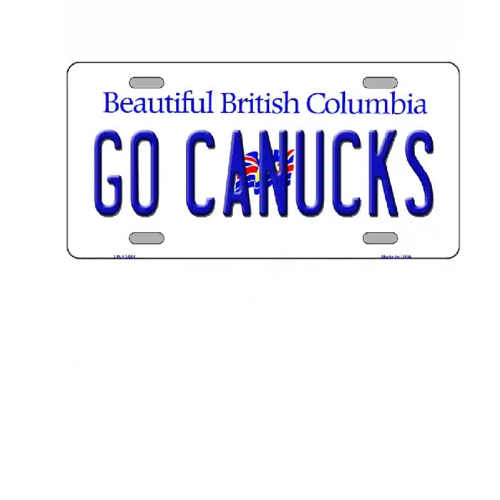 License plate with 'GO CANUCKS' text and British Columbia flag on a white background