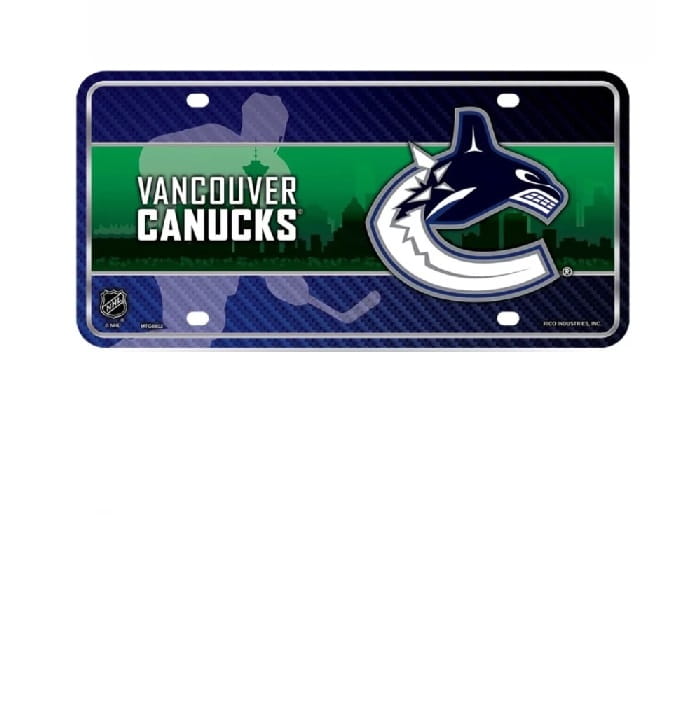 Vancouver Canucks license plate with team logo and name on a green and blue background