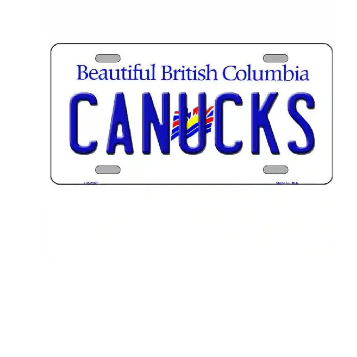 License plate with 'Beautiful British Columbia' and 'CANUCKS' text on a white background