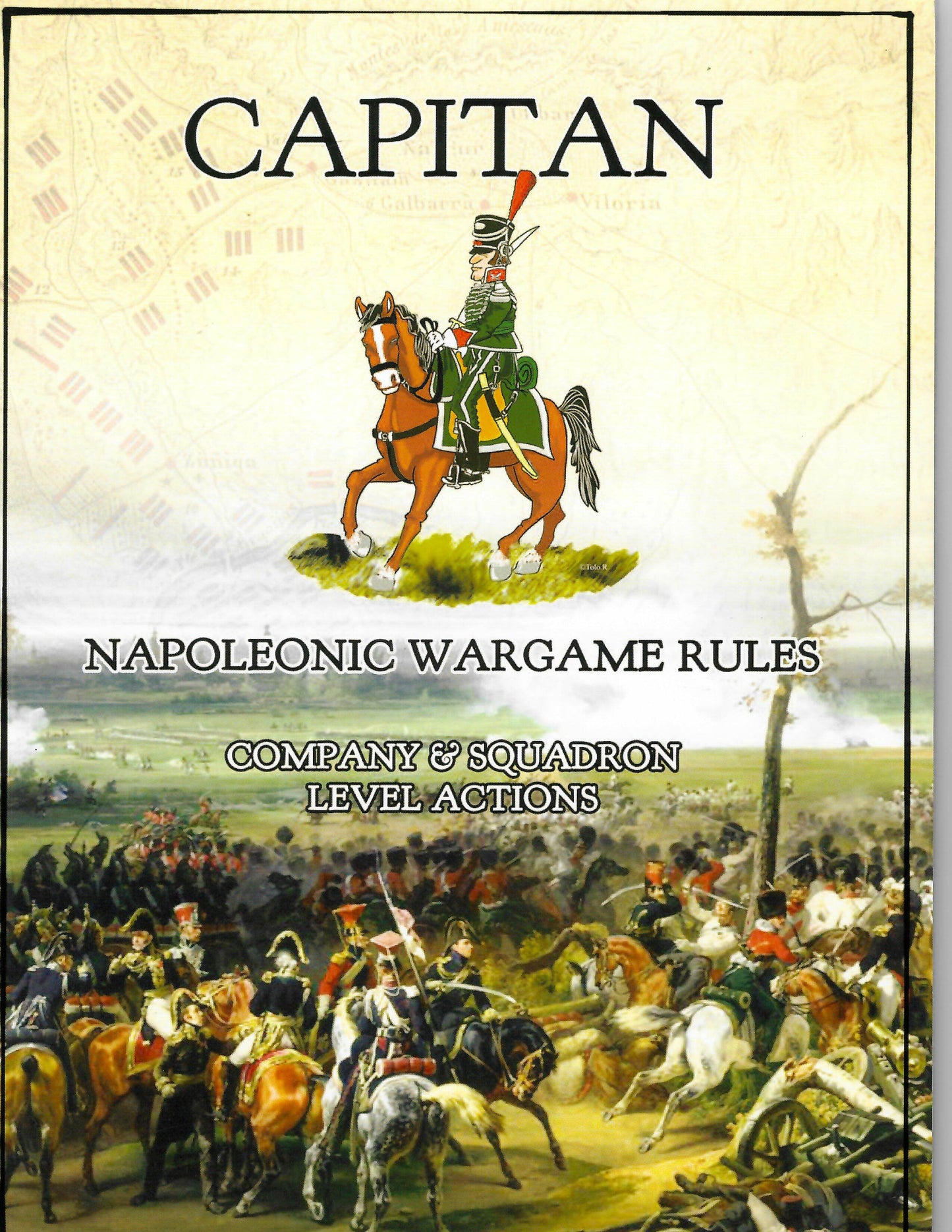 Book cover of 'Capitan' Napoleonic wargame rules with a painting of a soldier on horseback and battlefield scene.