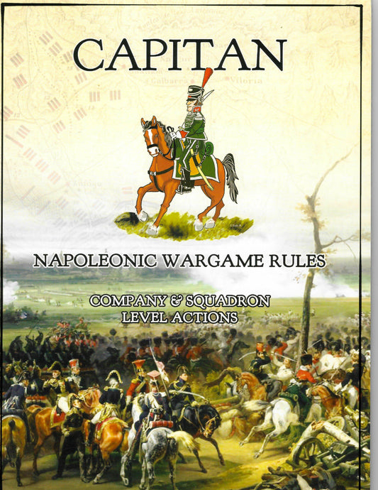 Book cover of 'Capitan' Napoleonic wargame rules with a painting of a soldier on horseback and battlefield scene.