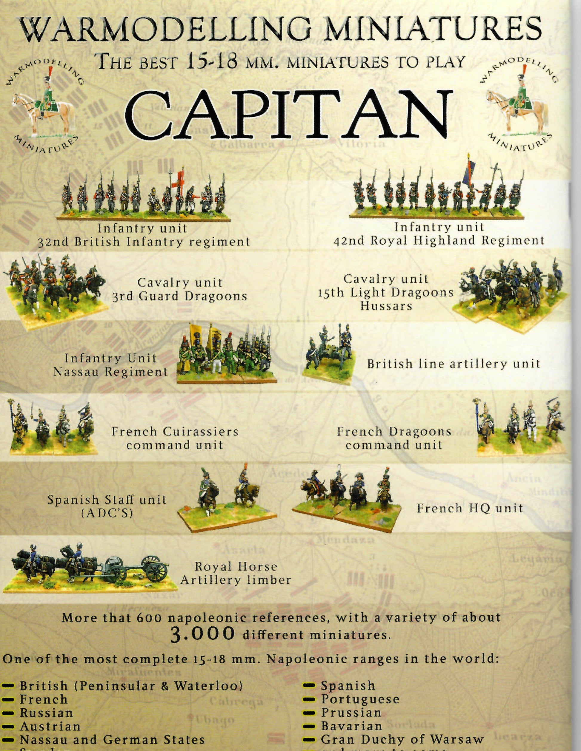 Advertisement for Capitan war modelling miniatures with various military units displayed.