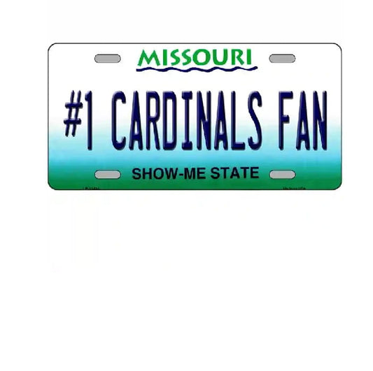 License plate with '#1 Cardinals Fan' text and 'Missouri' on a white background