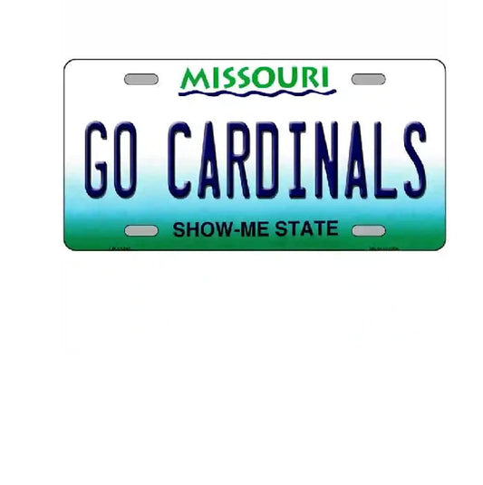 Missouri license plate with 'GO CARDINALS' text on a white background