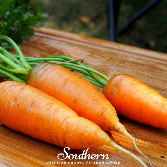 Three fresh carrots on a wooden surface with 'Southern' branding.