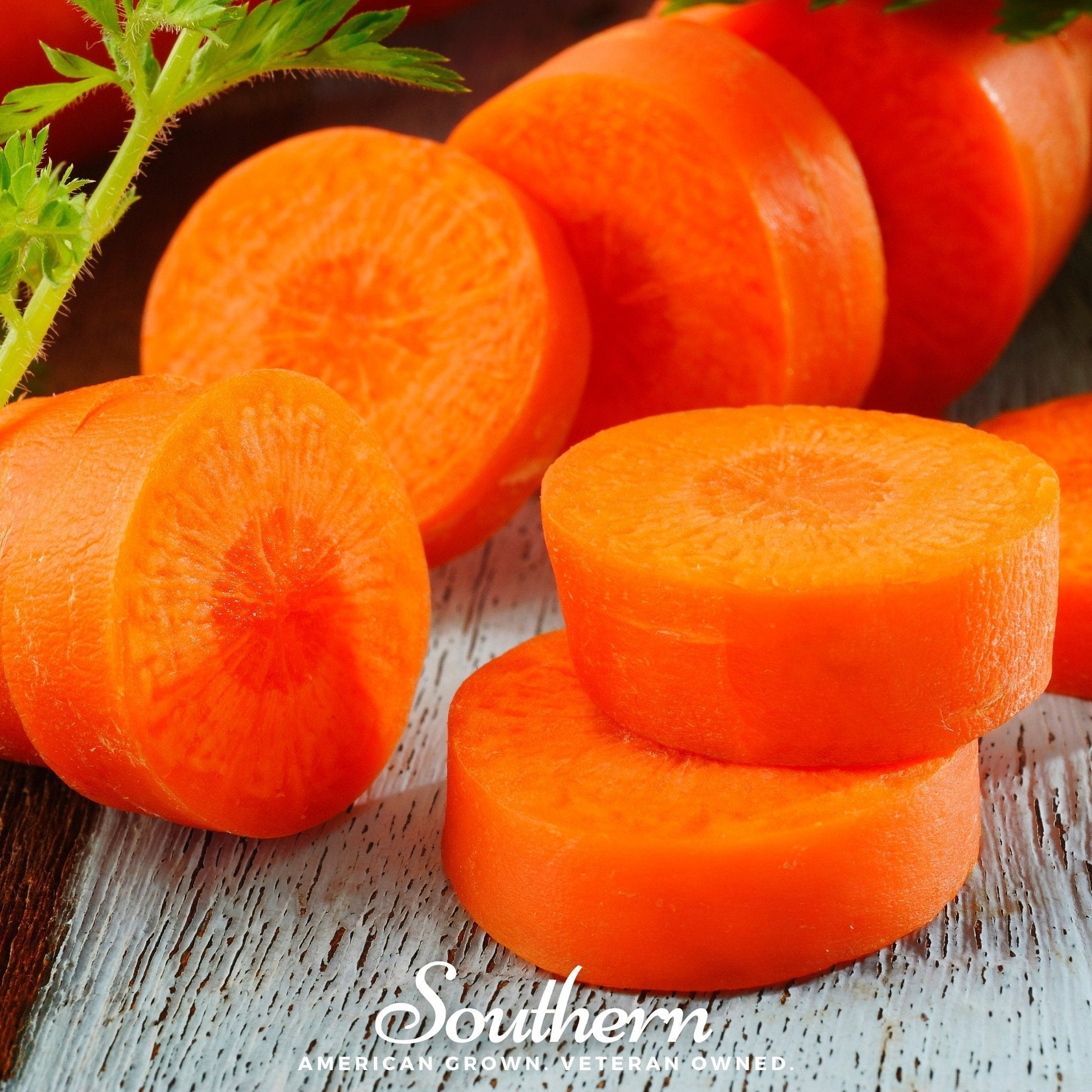 Sliced carrots on a wooden surface with 'Southern' branding.