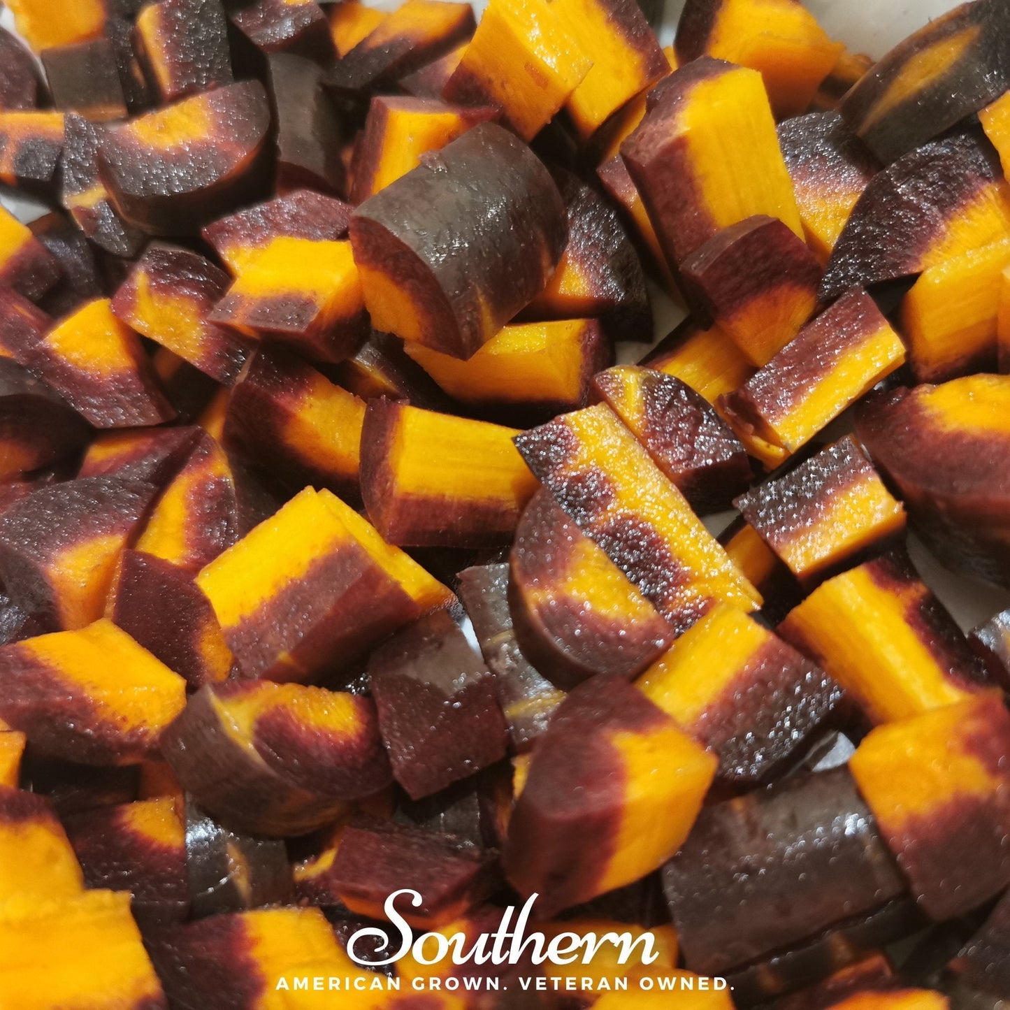 Cubed purple and orange carrots with 'Southern' brand logo.
