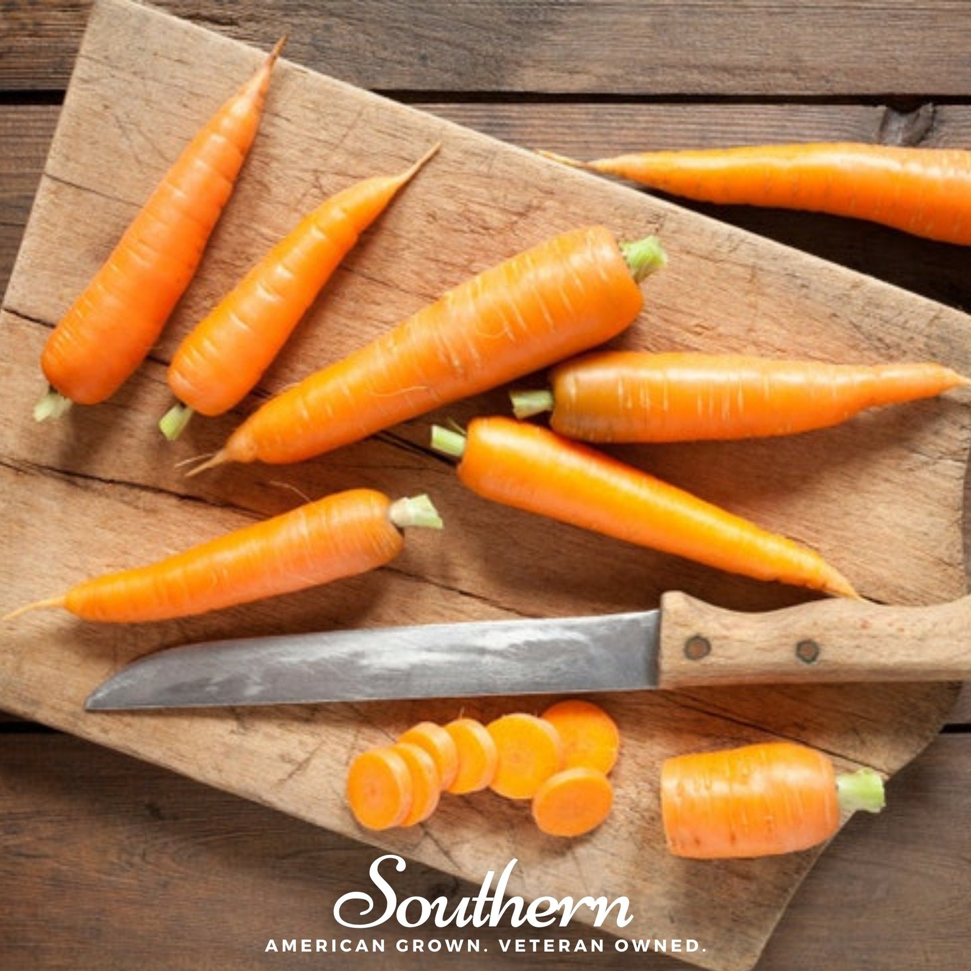 Carrots on a wooden cutting board with a knife, featuring 'Southern' brand text.