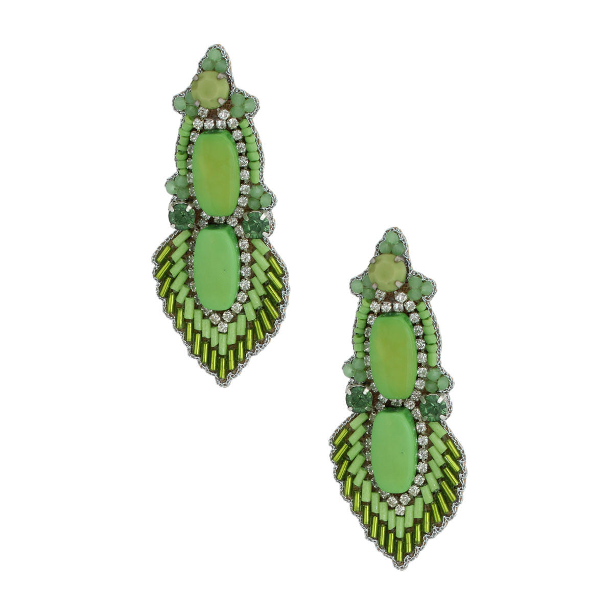 Green Bead and Stone Embroidered Earrings