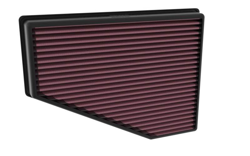Rectangular air filter with a black frame and purple pleated material on a white background