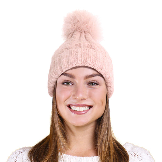 Dusty Pink Fox Fur Pom Beanie