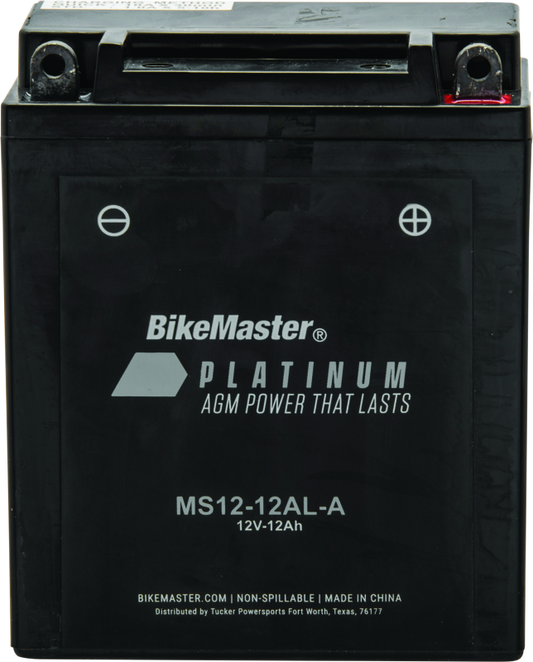 BikeMaster Platinum battery with visible branding and specifications.