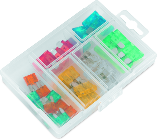 Set of colorful fuses in a clear plastic case on a white background