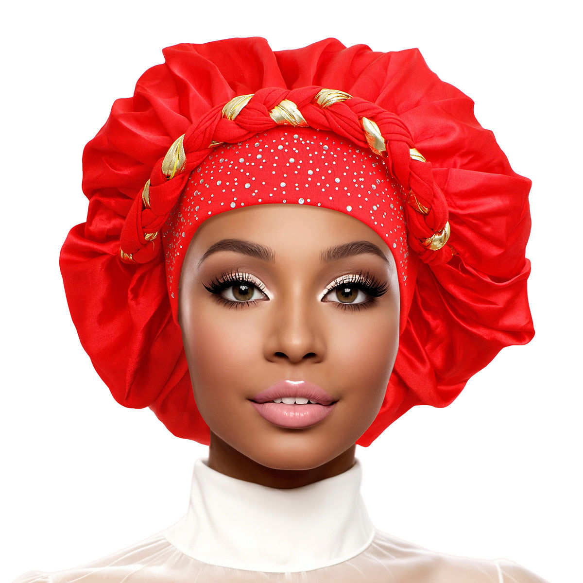 Bonnet Red Gold Satin Wide Edge Braid Women