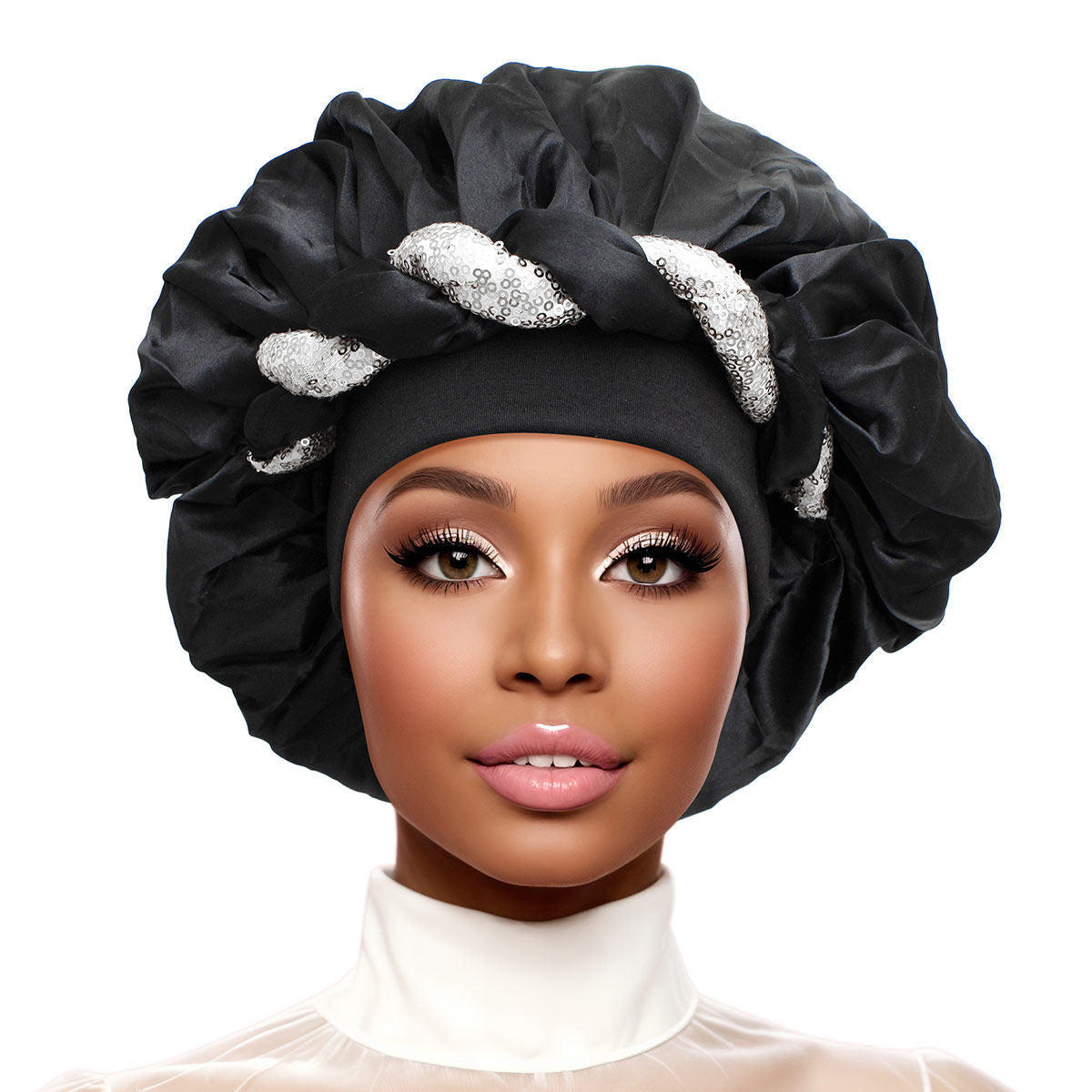 Bonnet Black Silver Satin Wide Edge Twist Women