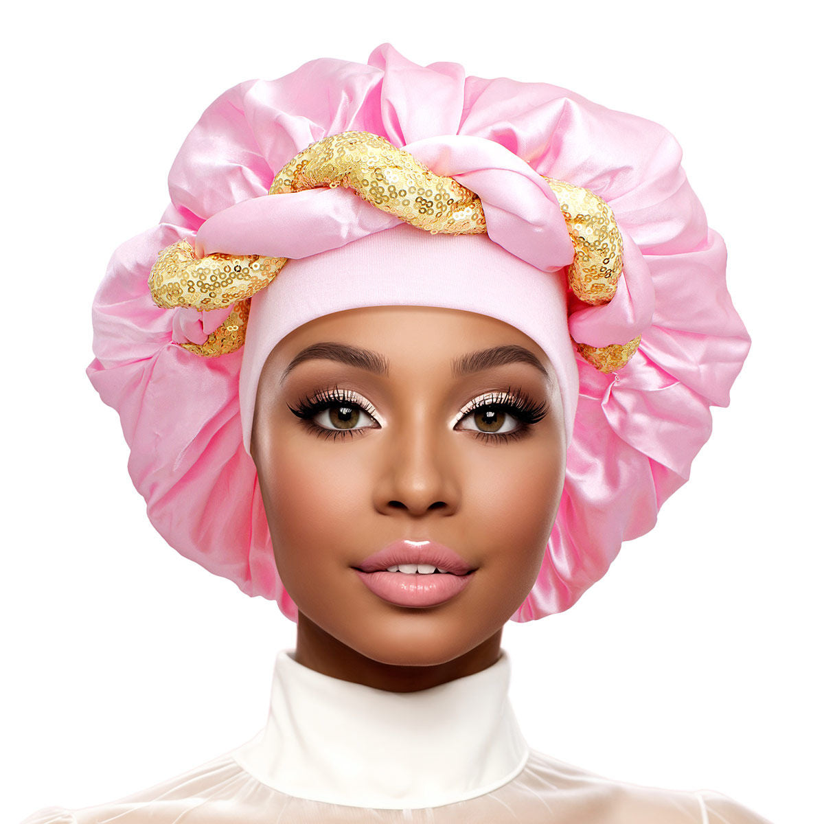 Bonnet Light Pink Gold Satin Wide Edge Twist Women