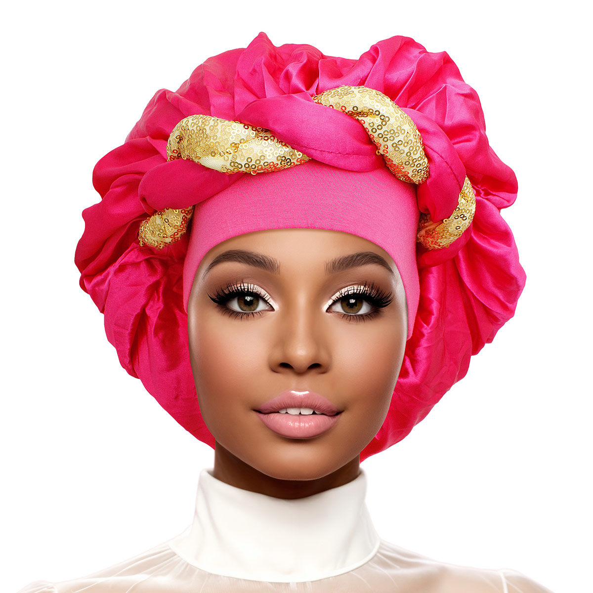 Bonnet Hot Pink Gold Satin Wide Edge Twist Women