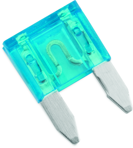Blue and green car fuse with a white background