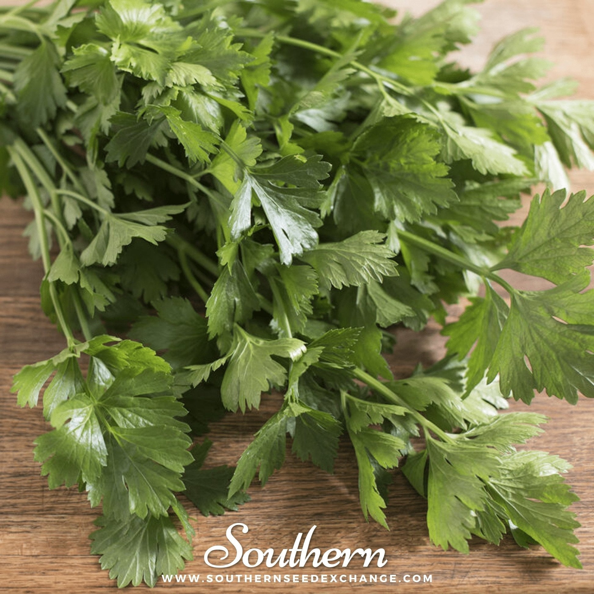 Bunch of fresh green celery on a wooden surface with 'Southern' branding.