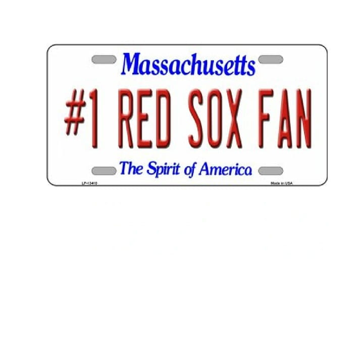 Massachusetts license plate with '#1 Red Sox Fan' text on a white background