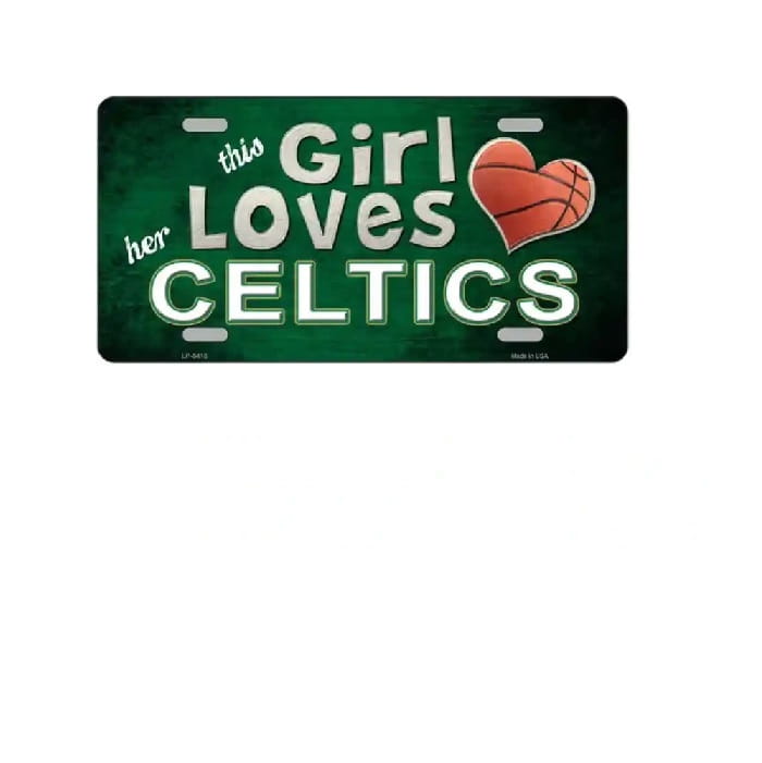 License plate with 'This Girl Loves Celtics' text and heart graphic on a green background