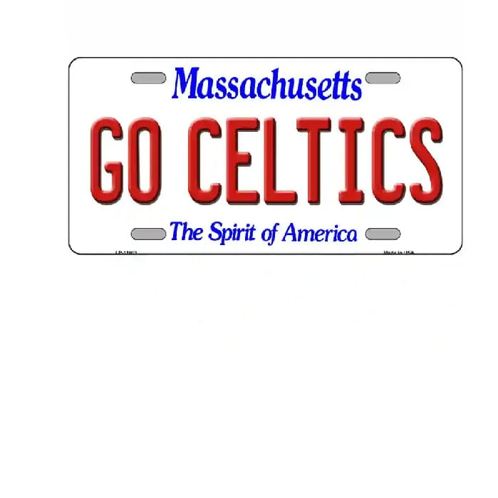 Massachusetts license plate with 'GO CELTICS' text on a white background