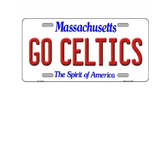 Massachusetts license plate with 'GO CELTICS' text on a white background