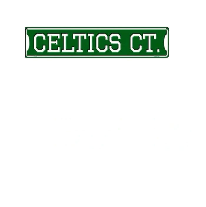 Green street sign with 'CELTICS CT.' text on a white background