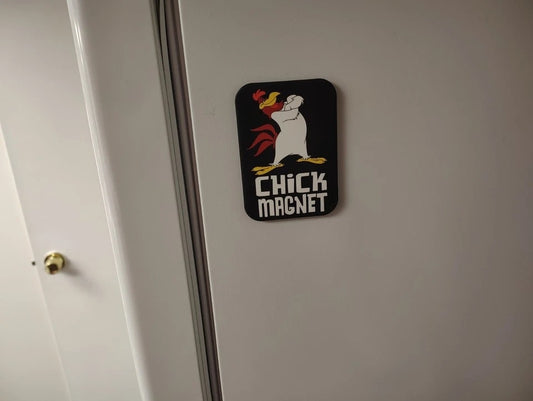 Fridge magnet with cartoon chicken design and 'Chick Magnet' text on a white refrigerator.