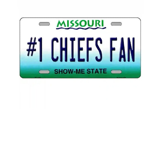 License plate with '#1 Chiefs Fan' text and 'Missouri Show-Me State' text on a white background