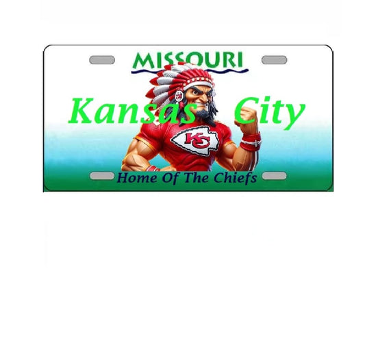 License plate with a Chiefs mascot and text on a white background