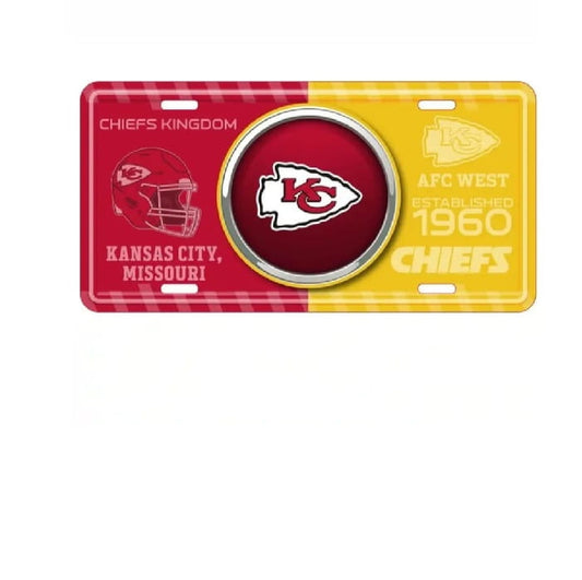 Kansas City Chiefs license plate with logo and text on a red and yellow background