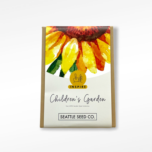 Seattle Seed Co. children's garden seed packet with sunflower illustration on a white background