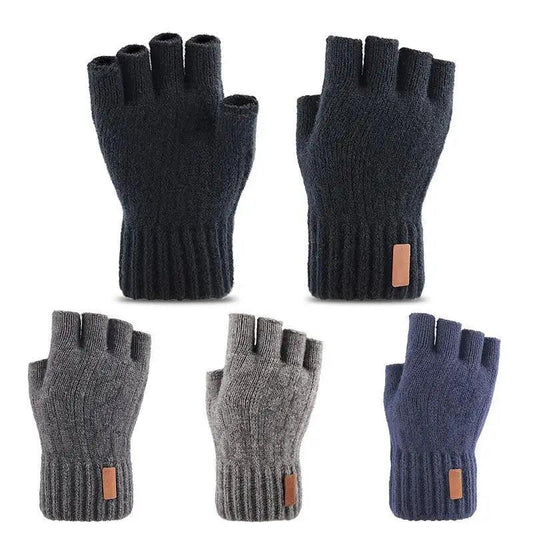 Set of four pairs of half-finger gloves in black, gray, and blue on a white background.