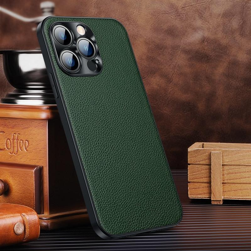 Classic Leather Case Compatible with iPhone Slim Leather Protective Case Midnight Green Luxury Genuine Leather Cover For iPhone 14 Pro 13 12 11 Pro Max X XS XR 7 8 Plus Case Vintage Leather Business Men Iphone Case