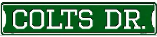 Street sign with 'COLTS DR.' text on a green background