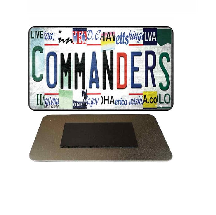 Decorative refrigerator magnet with 'COMMANDERS' text on a folk art background