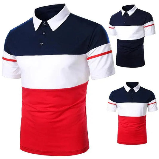 Color-blocked polo shirt with navy, white, and red design on a white background.