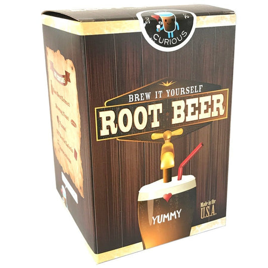 Root beer brewing kit packaging with 'Curious' branding on a white background