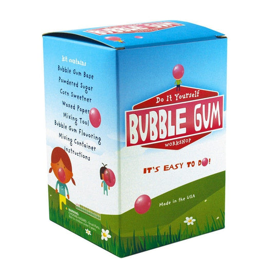 Box of 'Do It Yourself Bubble Gum Workshop' with cartoon characters and text on a white background