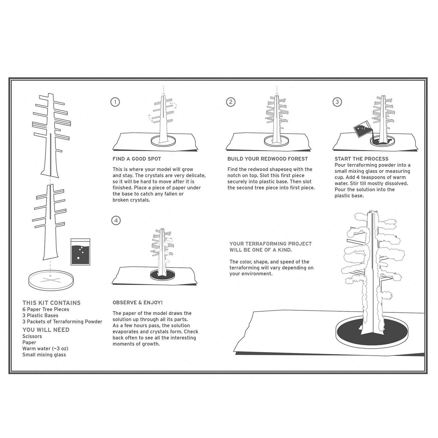 Black and white diagram of crystal growing process on a white background
