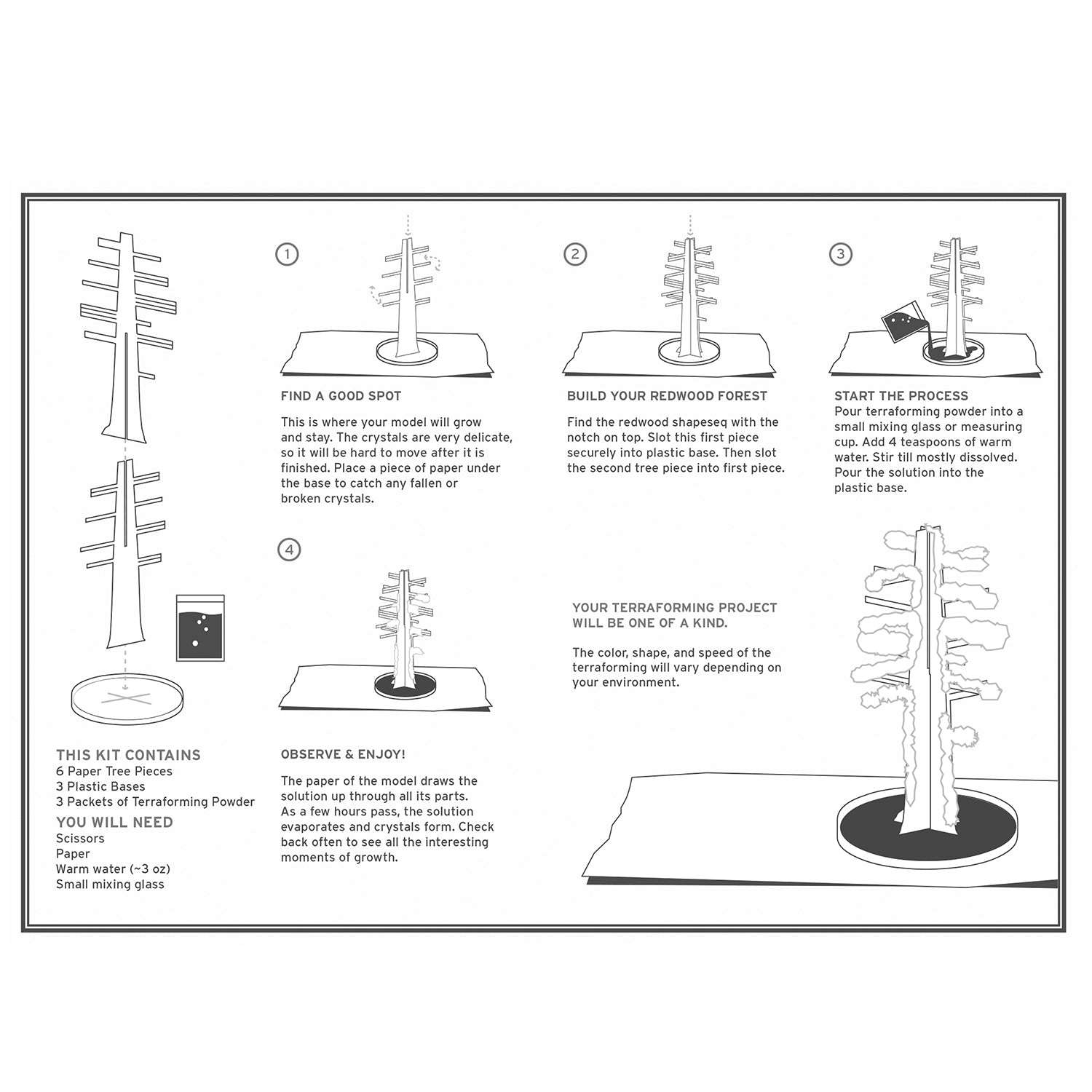 Black and white diagram of crystal growing process on a white background