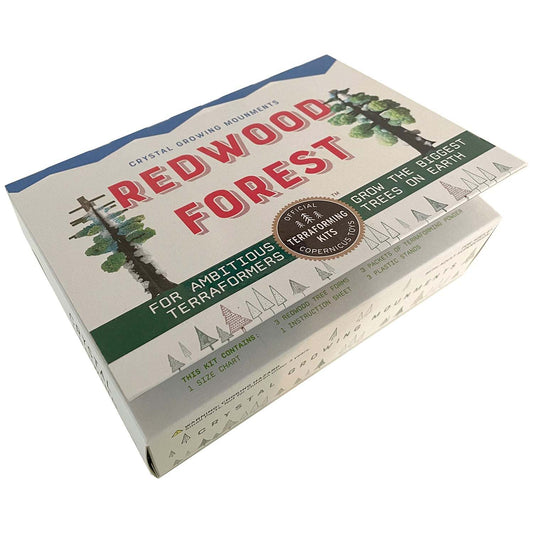 Box for Redwood Forest crystal growing kit with tree graphics and text on a white background